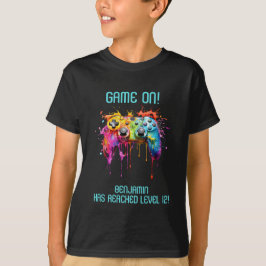 少年ターコイズブルー レベルアップ ビデオゲームパーティー Tシャツ