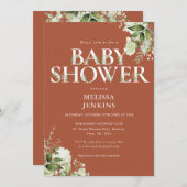 少年テラコッタグリーンリーフローラレターベビーシャワー 招待状 (正面/裏面)