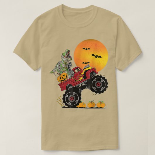 少年ハロウィーンのモンスタートラッククラッシュPumpkin恐竜 Tシャツ (デザイン正面)