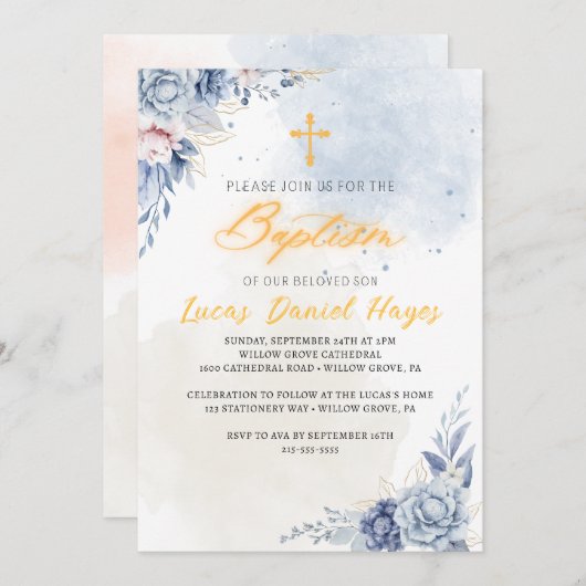 少年バプテスマの宗教モダンの青い水色 招待状 (正面/裏面)