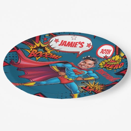 少年パーソナライズされたのスーパーヒーロー風刺画 ペーパープレート (アングル)