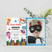 少年ヒーロー写真誕生日パーティー招待状 招待状 (スタンド正面)