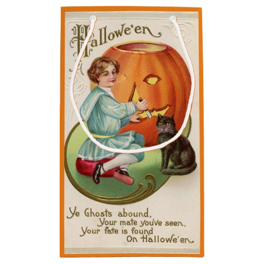 少年ビクトリアン彫りカボチャのハロウィーン スモールペーパーバッグ (裏面)