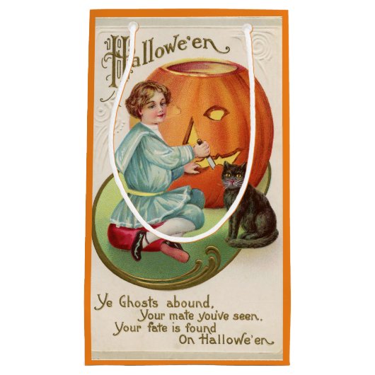 少年ビクトリアン彫りカボチャのハロウィーン スモールペーパーバッグ (正面)