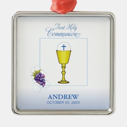 少年ファースト聖餐式、司祭と葡萄との聖句 メタルオーナメント (正面)