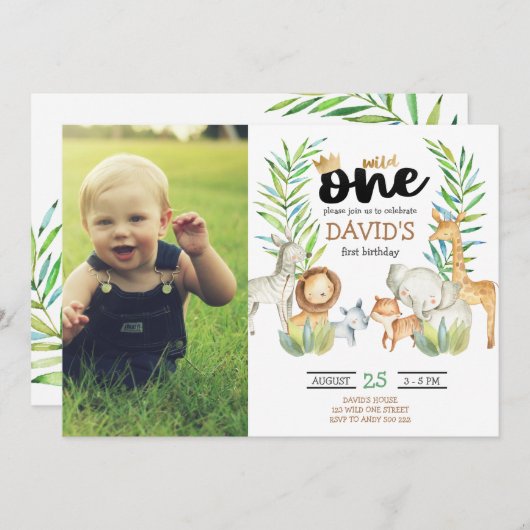 少年ファースト誕生日とフォトサファリワイルドワン 招待状 (正面/裏面)