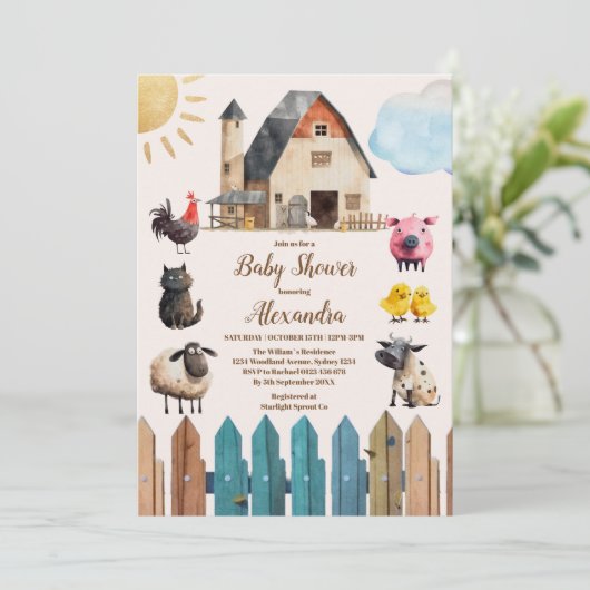 少年ファーム動物の赤ちゃんシャワー 招待状 (スタンド正面)