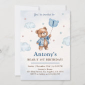 少年ブルーのテディベア風船 初誕生日 招待状 (正面)