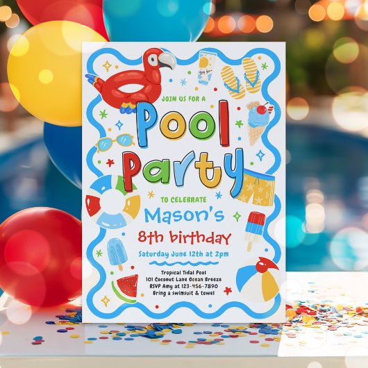 少年プールパーティー 夏 トロピカル 水泳 誕生日 招待状