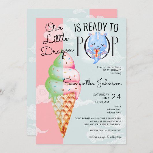 少年ベビードラゴン準備アイスポップ・アートのクリームベイビーシャワー 招待状 (正面/裏面)