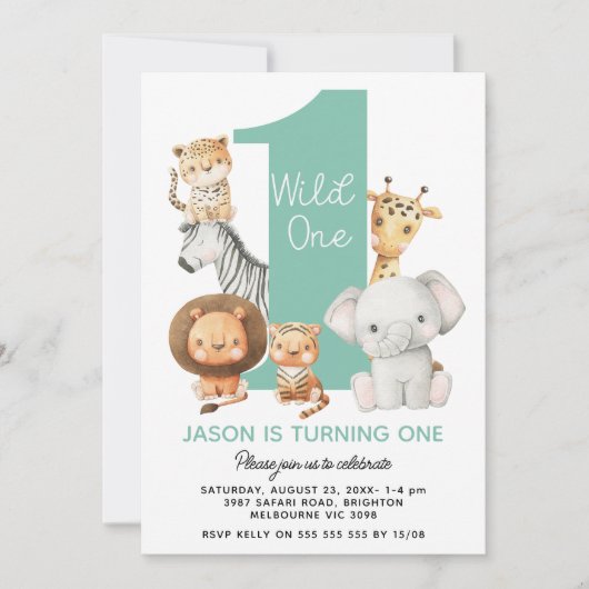 少年モダンワイルドワンサファリ動物1歳 招待状 (正面)