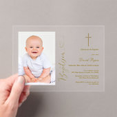 少年モダン写真金ゴールド書道バプテスマ アクリル招待状 (インサイチュ (ポータブル))