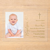 少年モダン写真金ゴールド書道バプテスマ アクリル招待状 (正面)