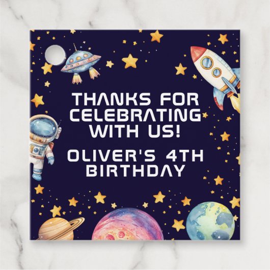 少年モダン宇宙ロケット船誕生日パーティーの好意 フェイバータグ (正面)