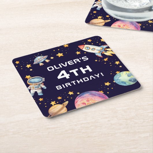 少年モダン宇宙ロケット船誕生日パーティー スクエアペーパーコースター (アングル)