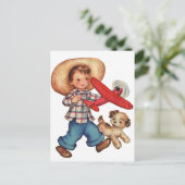 少年モデル飛行機と子犬 ポストカード (スタンド正面)