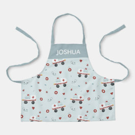 少年可愛いブルー救急医療隊員救急車型キッズ エプロン