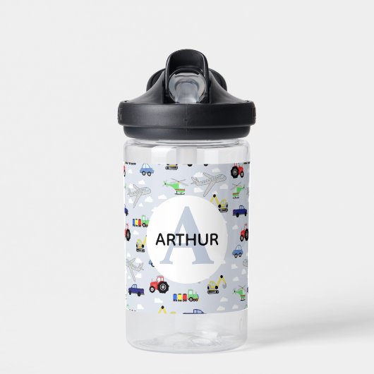 少年可愛い青い輸送車子供たち学校 ウォーターボトル (正面)