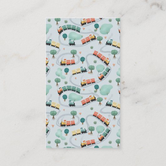 少年可愛い青い電車の旅の本ベビー エンクロージャーカード (裏面)