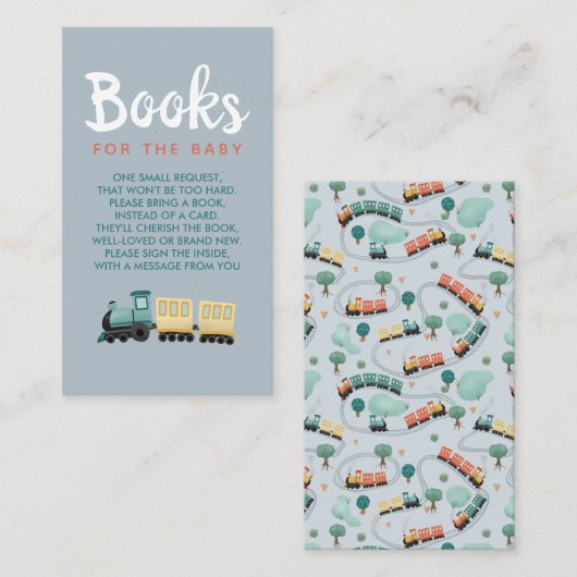 少年可愛い青い電車の旅の本ベビー エンクロージャーカード (正面/裏面)