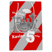 少年名 年齢 電車 ロコ グレー 5歳の誕生日 ミディアムペーパーバッグ (正面)