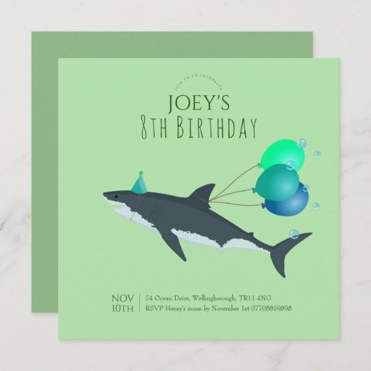 少年向けのキュートな緑色の海の大きな白サメ 招待状 (正面/裏面)