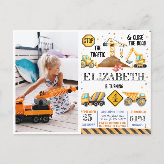 少年向けの現代的な建設デザインの子供の誕生日カード ポストカード (正面)