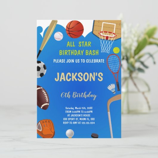 少年向けの編集可能オールスターパーティー招待状 招待状 (スタンド正面)
