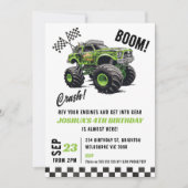 少年向けグリーンフルオレセントモンスタートラック誕生日 招待状 (正面)