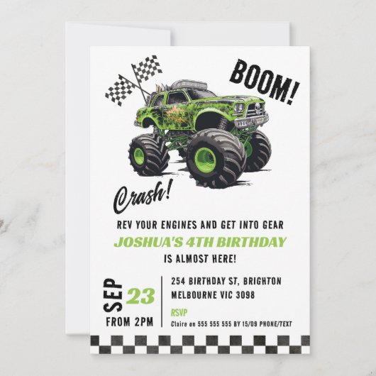 少年向けグリーンフルオレセントモンスタートラック誕生日 招待状 (正面)