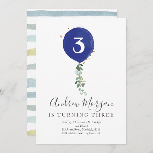 少年向けミニマリストキッズバロン誕生日 招待状 (正面/裏面)