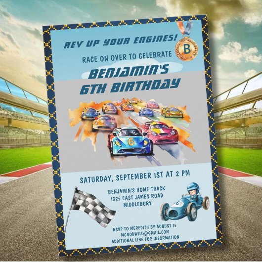 *少年向け自動車レース テーマの6歳誕生日パーティー 招待状