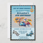 *少年向け自動車レース テーマの6歳誕生日パーティー 招待状 (正面)
