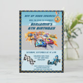 *少年向け自動車レース テーマの6歳誕生日パーティー 招待状 (スタンド正面)