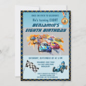 *少年向け自動車レース テーマの8歳誕生日パーティー 招待状 (正面)