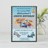 *少年向け自動車レース テーマの8歳誕生日パーティー 招待状 (スタンド正面)