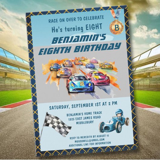 *少年向け自動車レース テーマの8歳誕生日パーティー 招待状