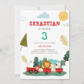少年向け 現代的な動物 電車の旅 誕生日 招待状 (正面)