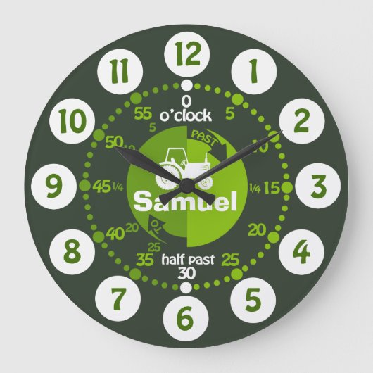 少年学が時間の緑の農園トラクターの時計を教える ラージ壁時計 (正面)