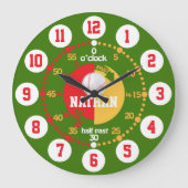 少年学は時間の緑の赤い名前の野球を言う ラージ壁時計 (正面)