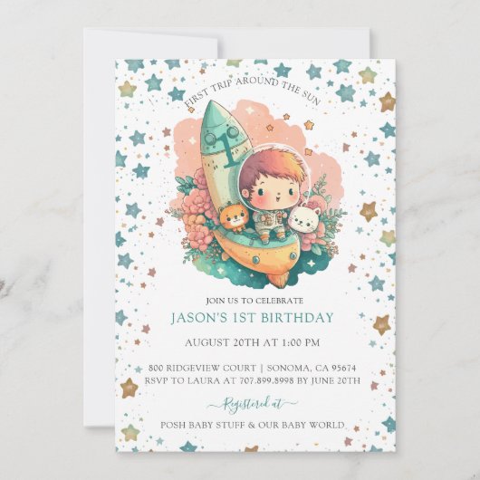 少年宇宙船第1旅日のまわりに1回目の誕生日 招待状 (正面)