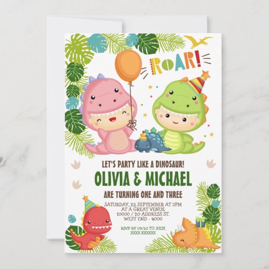 少年少女の恐竜の関節誕生日 招待状 (正面)