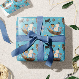 少年少女子供の誕生日の海賊猫パターン ラッピングペーパー