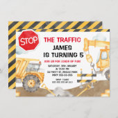 少年建設交通止まれ誕生日 招待状 (正面/裏面)