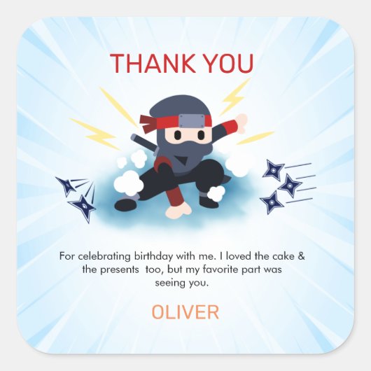 少年忍者戦士の誕生日パーティーお礼カード スクエアシール (正面)