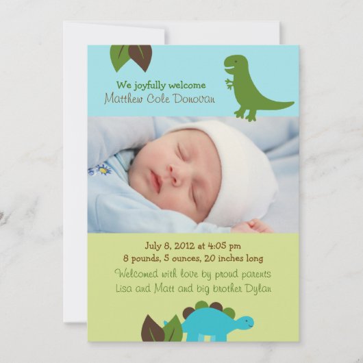 少年恐竜のカスタム写真誕生発表 案内状 (正面)