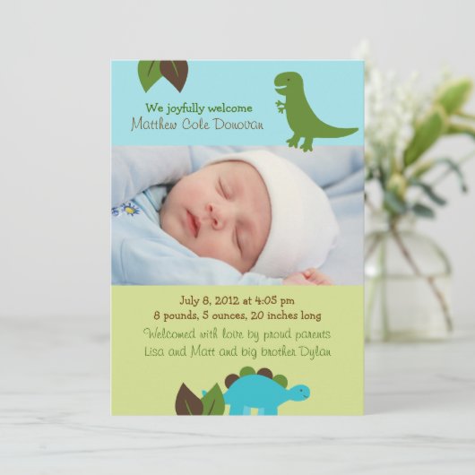 少年恐竜のカスタム写真誕生発表 案内状 (スタンド正面)