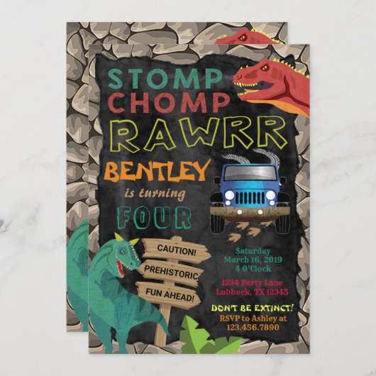 少年恐竜の誕生日パーティーの招待 招待状 (正面/裏面)