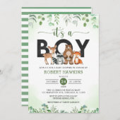 少年林の森の動物のベビーシャワー 招待状 (正面/裏面)