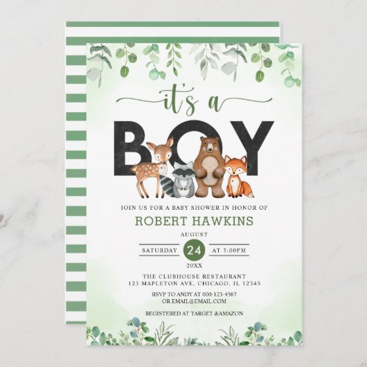 少年林の森の動物のベビーシャワー 招待状 (正面/裏面)